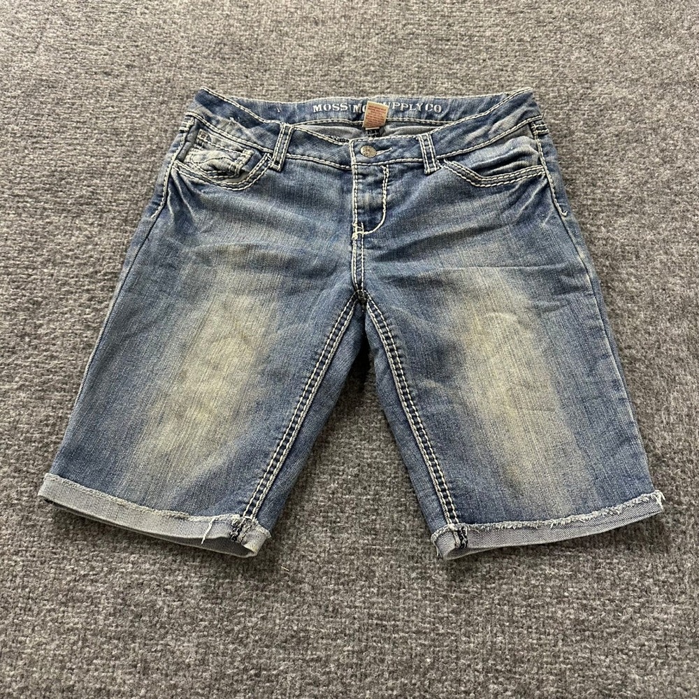 Mossimo Denim Shorts Womens Size XL Blue Bermuda Stretch Thick Stitch Cuffed